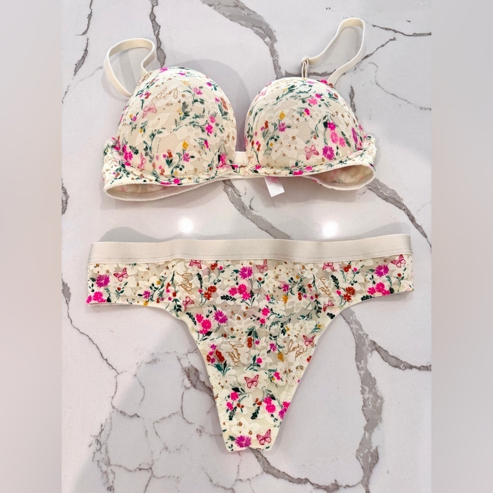 NWOT PINK Victoria's Secret lace Floral super push up bra and panty set 32B / S